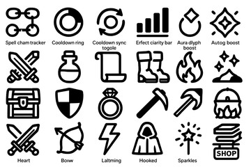 Set of fantasy RPG icons including weapons, potions, and boosts