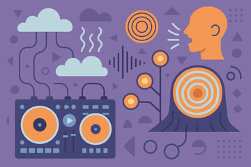 Obraz premium Abstract illustration of sound, speech, and tech elements in vibrant style