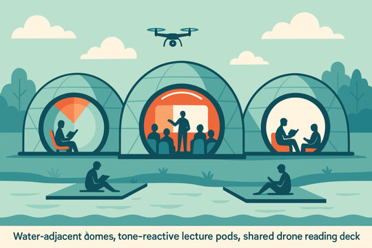Futuristic domes by the water, featuring interactive lecture pods, a shared drone-controlled reading area, and tone-responsive technology for an immersive learning experience.