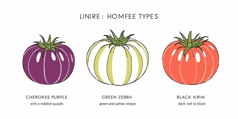 Illustrated tomato varieties including cherokee purple green zebra and black krim on white background