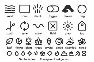 A set of vector icons featuring nature and mystical themes, including symbols like mist, terrain, aura, plants, flowers, trees, and crystals, designed with simple, clean lines.