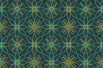 Seamless floral pattern with glowing teal background and golden outlines