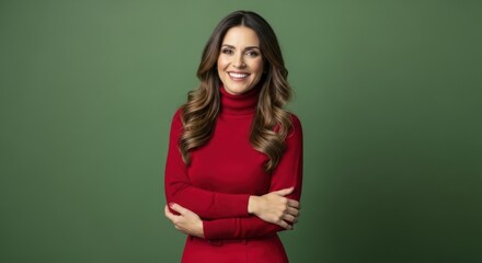 A Happy Woman in a Red Turtleneck Sweater Smiling