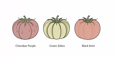 Illustration of cherokee purple green zebra and black krim tomatoes on a white background