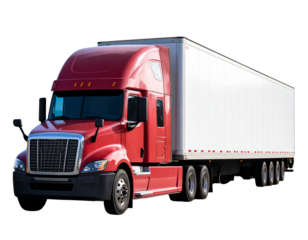 Red American Freight Truck Driving Through Mountain Landscape, isolated on transparent background.