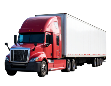 Red American Freight Truck Driving Through Mountain Landscape, isolated on transparent background.