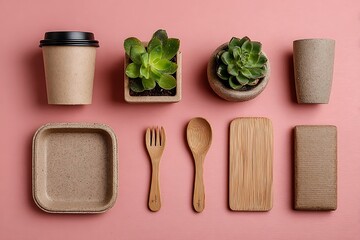 Vibrant eco friendly packaging items flat lay pink background  
