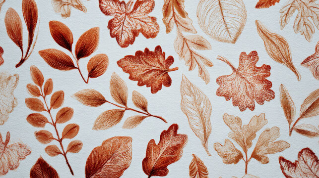 Gouache leaf patterns imprinted by hand using frottage technique, suitable for autumn-themed backdrops and decorative design