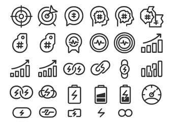 Outlined UI icon set with targets, energy symbols, and data metrics