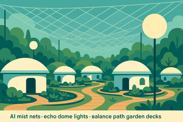 Futuristic eco village with dome homes and AI mist net canopy