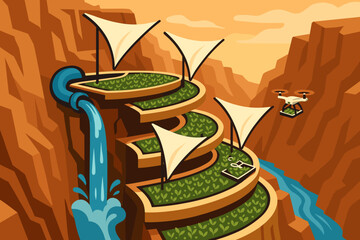 Futuristic terraced farm in canyon with irrigation and flying drone