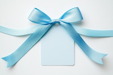Blank Blue Price Tag Isolated on White Background Pastel Color Empty Gift Card and Ribbon Bow White
