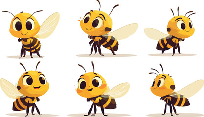Six Cute Cartoon Bees in Different Poses on a White Background Vector Illustration