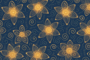 A glowing floral pattern with swirling lines, creating a soft and ethereal atmosphere on a dark background.