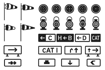 A collection of vector icons for traffic and road signs, featuring directional arrows, flags, and markers, including road sign variations and traffic light symbols.