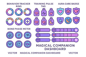 A set of colorful, magical companion dashboard icons, featuring progress trackers, badges, and meters with hearts, moons, and plant motifs, in a glowing, purple-themed design.