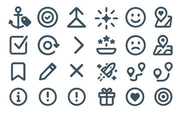 Collection of abstract symbols including location markers, checkboxes, arrows, and icons representing emotions, information, and navigation.