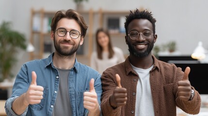 Two diverse male colleagues in office give thumbs up, smiling for successful teamwork, positive collaboration, and workplace approval, with a woman in the background enhancing the professional, friend