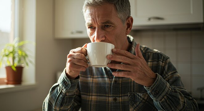 Thoughtful senior man enjoys a warm beverage in his cozy kitchen, lost in quiet contemplation.