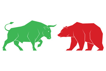 Bull and bear market conflict financial trading symbols and stock volatility vector illustration.