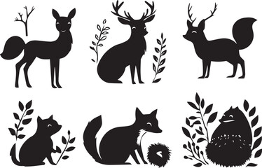 Black vector silhouettes of wild mammal deer, rabbit, cat, dog, horse, and bird animal icons collection.