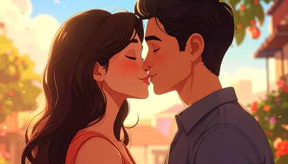 Couple Kissing with Romantic Illustration, Love, and Sunset.