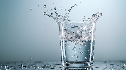 A clear glass of water with a dynamic splash frozen mid-air against a light background.