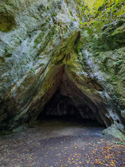 View of the triangular entrance and spacious interior of the protected Kecskelyuk Cave, located in Bükk National Park, Hungary.