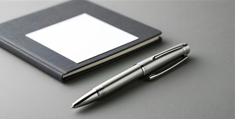 Elegant silver pen on a light gray desk with a dark gray notebook and green succulent. A serene and minimal office environment.