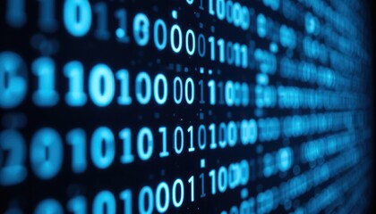 Digital binary code streams in cyan, abstract technology background concept