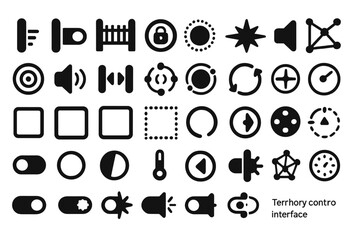 A set of detailed, minimalistic icons for a territory control interface, featuring symbols like toggles, alerts, sound controls, security locks, and various interactive elements