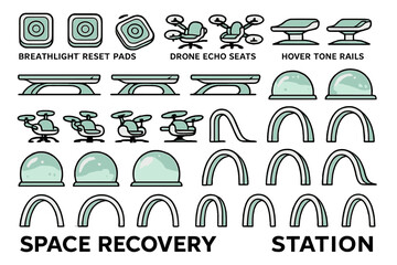 Set of futuristic icons representing space recovery station equipment like hover seats, pads, and rails.