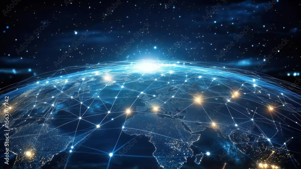 Poster digital globe with interconnected glowing dots representing data transfer against a dark starry back