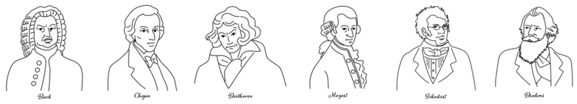 Vector line art set of six famous classical composers portraits - Bach, Chopin, Beethoven, Mozart, Schubert, Brahms