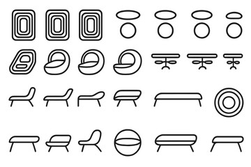 Minimalist black vector icons of modern chairs and tables