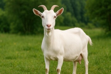 Obraz premium White goat standing green field