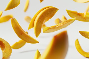 Vibrant Color Visual of Mango Slices Flying Isolated on a White Background  Generative Ai