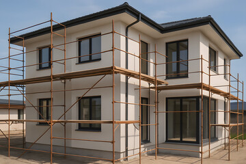 Residential building facade covered in scaffolding and safety nets during exterior renovation work on multi-story home