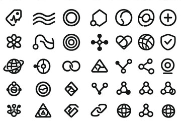 Dark UI icon set with symbols for networks, data, and connectivity