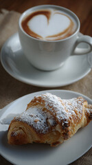 Cornetto pastry rests beside a creamy cappuccino in a white ceramic cup