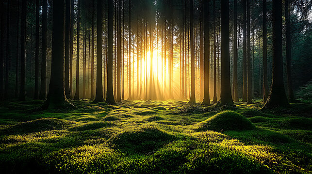 Serene forest landscape with sunbeams and mossy ground illuminating the lush undergrowth - Powered by Adobe
