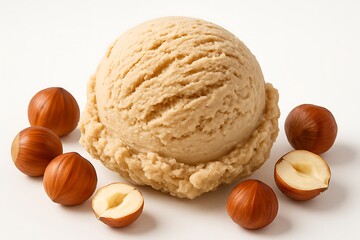 Hazelnut ice cream scoop isolated on white background with hazelnuts