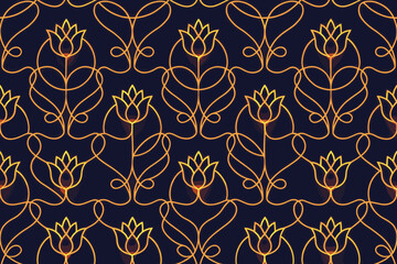 Seamless glowing tulip pattern with elegant orange line art on dark background