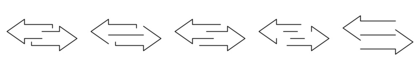 Data transfer arrow icon set. Compare or exchange sign. Trade or exchange symbol. A minimalist linear set of bi-directional arrows with different line styles. Vector illustration.