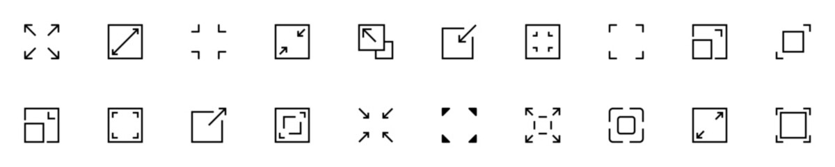Fullscreen icon set. A versatile set of interface icons for screen resizing and fullscreen toggling. Vector illustration.