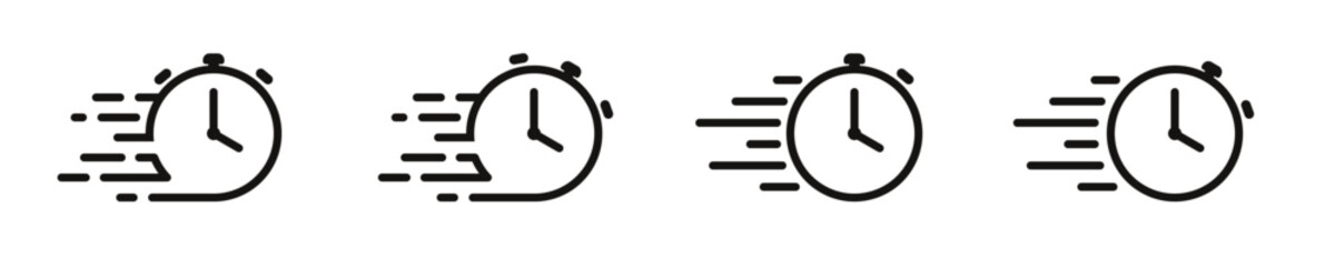 Fast time icon set. Quick time or deadline icon. A dynamic set of speed-themed stopwatch icons showing motion trails. Express service symbol. Stopwatch symbol. Countdown timer. Vector illustration.