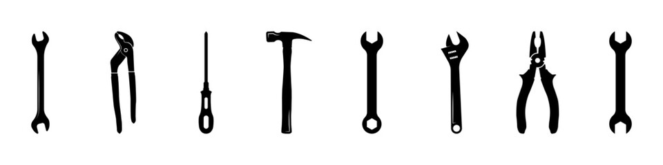 Tools icon set. A bold filled icon set of common tools including wrenches, pliers, hammer, screwdriver, and more.  Vector illustration.