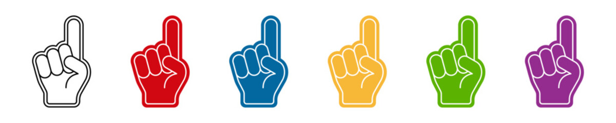 Foam finger icon set. Foam finger fan accessory template.  Number one fan glove, sign of support favorite player or team. Vector illustration.