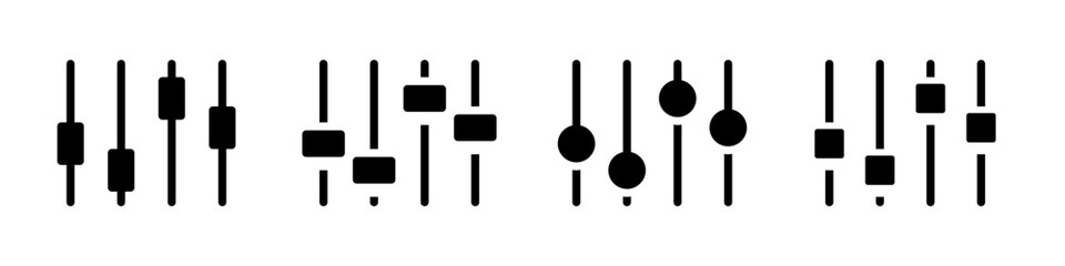 Equalizer icon set. A solid icon set of vertical sliders and equalizer controls. Ideal for music apps, sound mixers, volume settings, audio plugins, and media interfaces. Vector illustration.