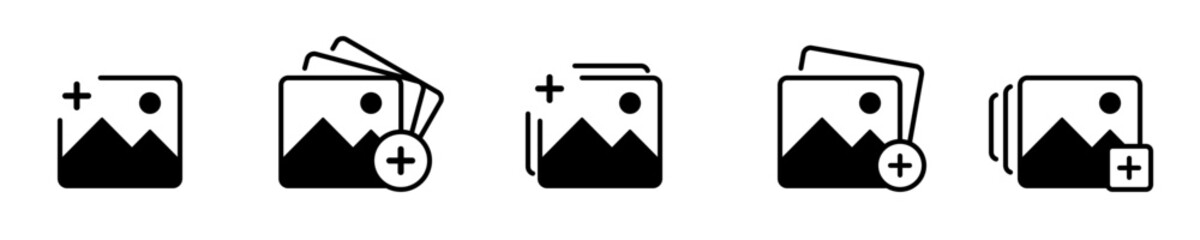 Add photo icon set. A UI-focused icon set showing variations of adding an image or photo to a gallery or post.  Vector illustration.